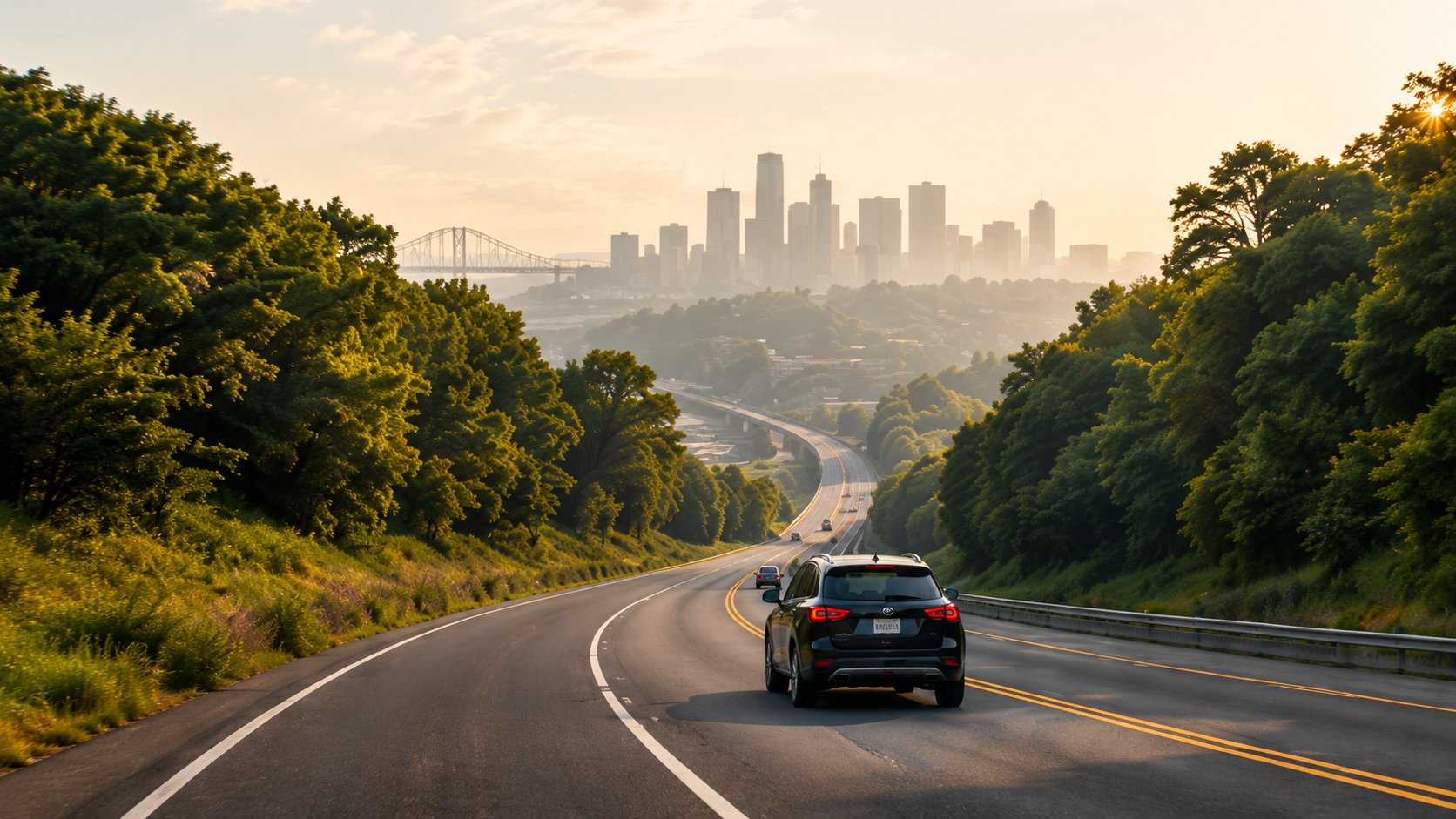 Car driving on a road toward a city