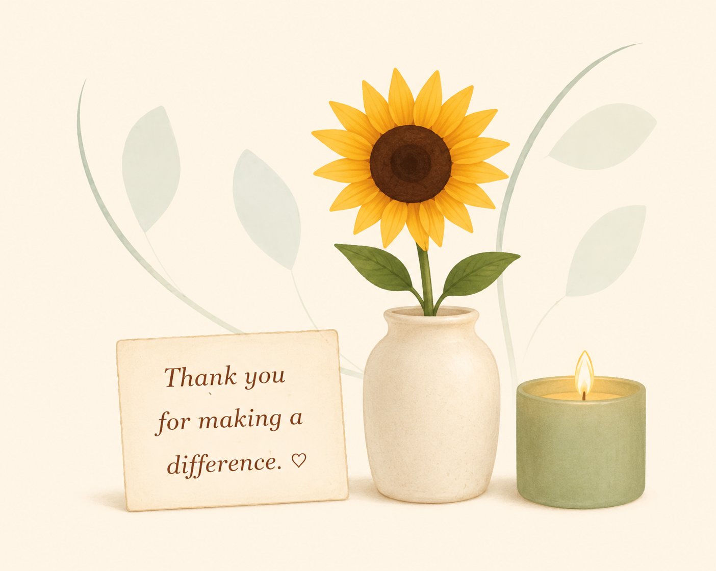 Sunflower, thank you note, and candle