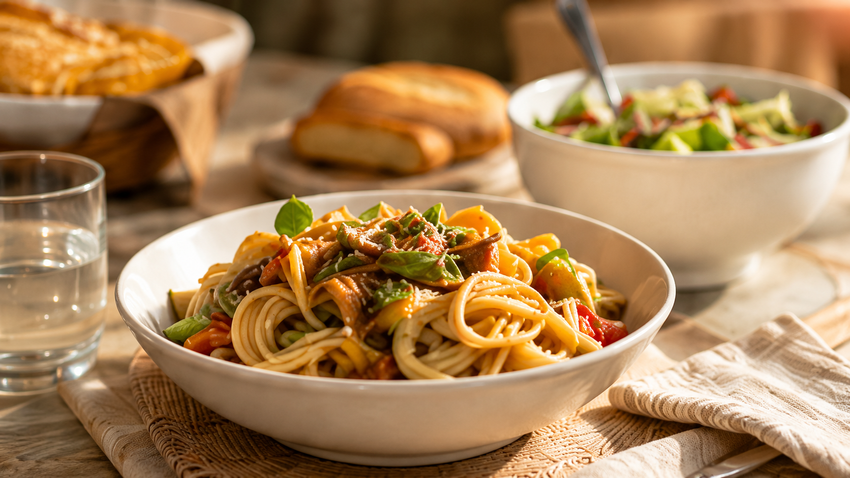 Warm meal and groceries on a table